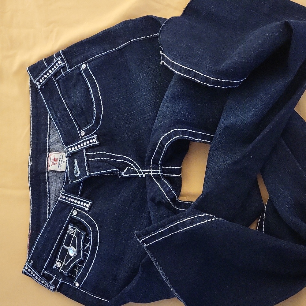 TRUE RELIGON DARK BLUE DISO BILLY BIG T JEANS, been cut off at  bottom of legs